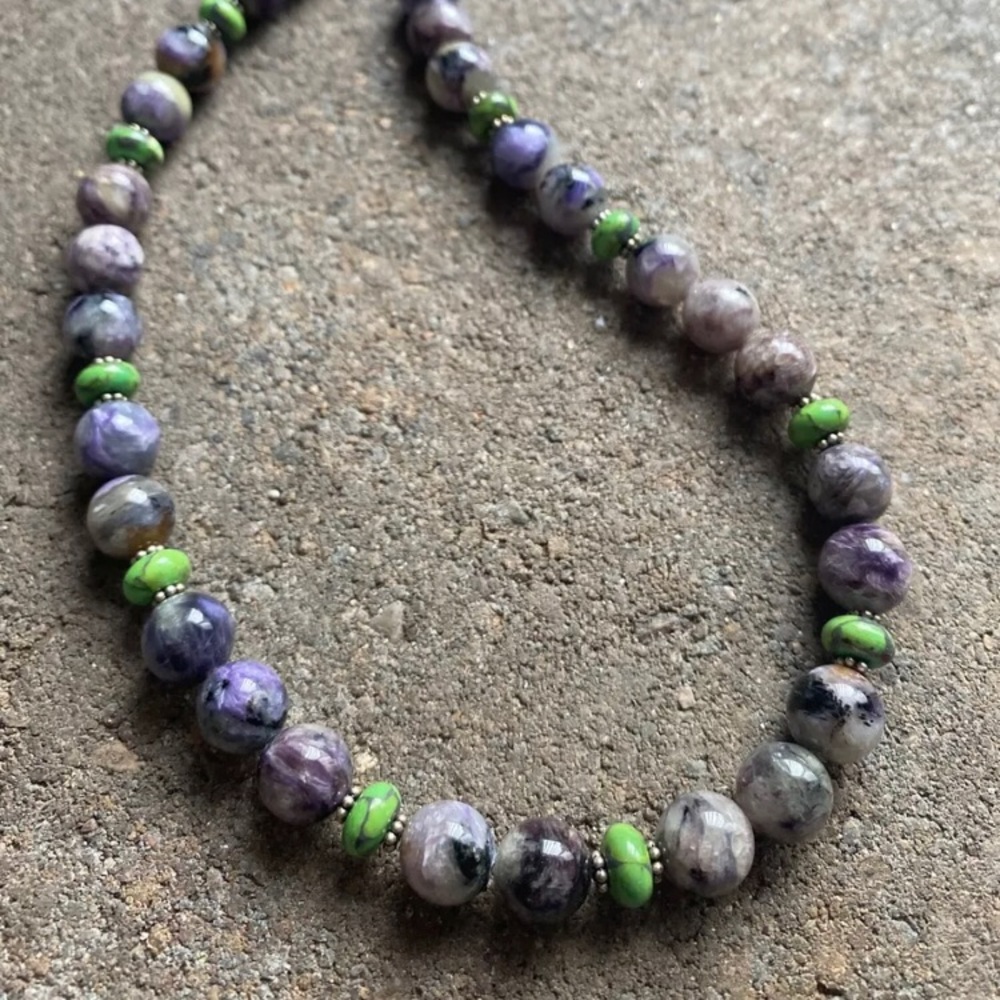 Sterlingsilver Charoite Greenturquoisebeadnecklace - image 4